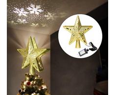 UMOOIN 2 in 1 Baumspitze und Schneeflocke Projektor 3D Hohlraum Fünf Form des Weihnachtsbaums Toppers mit LED Projektionslampen für Weihnachten Gold