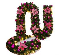 2.7M Weihnachtsbaum Rattandekoration mit LED Lichterkette batteriebetrieben, Dapei Warmweiß Lichterkette mit Rosa Blume für Weihnachten Party Innen und Außen Deko