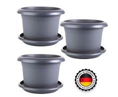 2friends 3er Set Pflanzkübel und Untersetzer, Durchmesser 35 cm, Blumenkübel Blumentopf Pflanztopf Rundtopf, Farbe: Anthrazit