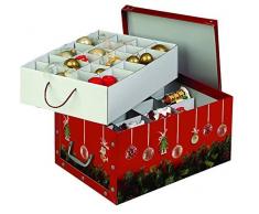 Kreher Weihnachtlicher XL Deko Karton mit Einsätzen für ca. 40 Weihnachtskugeln. Aus stabiler Pappe mit Griffen aus Kunststoff. In Rot mit Weihnachtskranz und Kugeln.