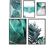 decomonkey | Poster 5er – Set schwarz-weiß Abstrakt Kunstdruck Wandbild Print Bilder Kunstposter Wandposter Posterset Monstera Ananas Blätter Tropen Natur Spruch Grün
