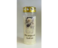 Grablichtkerze Blume, Wir vergessen Euch nie - Brenndauer ca. 7 Tage, 20x7cm - 3802 - Grabkerze mit Motiv und Spruch - Qualitäts-Grablicht mit Deckel