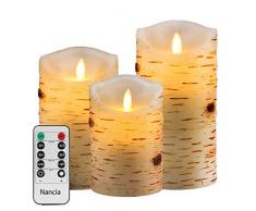 Nancia LED-Kerzen, flammenloses kerzenlichter，Birkenstämme Design Echtwachskerze, Batterie Kerzen(3er pack) 10,2 cm, 12,7 cm, 15,2 cm, Fernbedienung mit 10 Tasten, mit 24-Stunden-Zeitschaltuhr