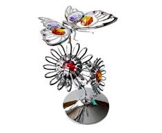 Crystocraft Dekofigur Schmetterling auf einer Blume, mit Swarovski-Kristallen, in Geschenkverpackung, Violett / Rot / Gelb