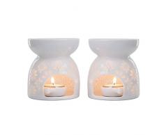 ComSaf Duftlampe Keramik Weiß mit Kerzenhalter 2er-Set - Blumenmuster