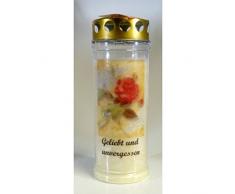 Grablicht-Kerze - Rose Geliebt und unvergessen (20/7 cm) - 7 Tage Brenndauer - 3775 – Grabkerze mit Motiv und Spruch - Trauerkerze mit Foto und Spruch