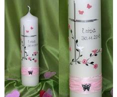Taufkerze/Kommunionkerze mit Schmetterlingen !! in 25 x 6 cm, inklusive Beschriftung ! R 78