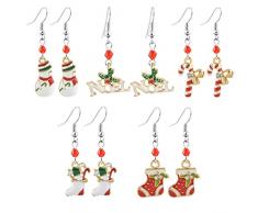 MJARTORIA Damen Mädchen Weihnachtsschmuck Ohrringe Ohrstecker Silber Gold Farbe mit Rot Grün Beads Anhänger Charms 5/6 Paare Set (Rot-5er)