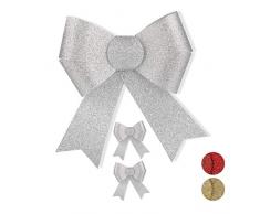 Relaxdays Geschenkschleife Glitzer, 3er Set, große Zierschleife Geburtstag, Weihnachten, Dekoschleifen Geschenk, silber