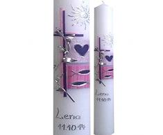 Modern Taufkerze Kommunionkerze 400x40 SONNE HERZ FISCHE Mehrfarbig rosa pink lila Inclusieve Namen und Datum ITP150