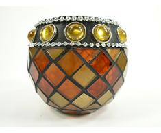 2 x Windlicht-Glas Mosaik handgearbeitet Teelichthalter H7,5xD7cm Kerzenhalter Teelicht-Glas Dekovase Tischdekoration (Rot-gold-gelbe Steine)