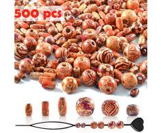 500 Stück Holzperlen mit 6 Größen, Gemischte Muster & Verschiednene Form Holz Perlen Kugeln für basteln auffädeln DIY Schmuck Handwerk