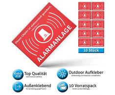 Alarm Aufkleber Alarmanlage - Achtung Alarmgesichert – Schild – Sticker (Hinweisschild – Warnschild – Warnhinweis) für Türen, Fenster, Tore – 10 Stück (5 cm x 3,5 cm)