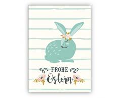 Süße hellblaue Vintage Osterkarte mit Blumen Osterhase auf Streifen: Frohe Ostern - Grußkarte zum Osterfest • Klappkarten Set mit Umschlägen als Oster Grußkarte, Gutschein, Geschenk-Karte