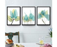 OLGKJ Aquarell Grüne Blätter Abstrakte nordische Leinwandbilder Wand Bilder Bilder Poster Kunstdruck Küche Wohnzimmer Home Office Dekor 40x60cmx3 Rahmenlos