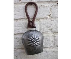 Deko-Impresion Klangvolle Kuhglocke, Glockenschelle, Eisen, grau Lederband, 25 cm