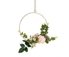 JUNGEN Künstliche Blume Hängende Dekoration aus Runder Metallring Wandkranz für Geburtstag Hochzeit Party Wohnaccessoires Deko Size 20cm (Champagner Kamelie)