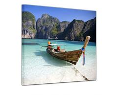 Wandbild - Maya Bay, KOH Phi Phi Ley - Thailand - Bild auf Leinwand 40 x 40 cm - Leinwandbilder Bilder als Leinwanddruck Urlaub, Sonne & Meer Asien - Boot am Strand