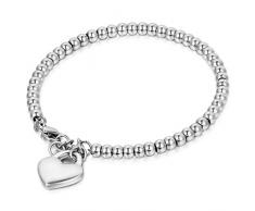 JewelryWe Schmuck Charme Damen Kugel Perlen Armband,Handgelenk Kugel Perlenkette mit solid Herz Anhänger Herzkette, Edelstahl Armreif, Silber