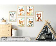 Lalelu-Prints 6er Set Poster Kinderzimmer Deko Junge Mädchen DIN A4 Waldtiere Reh Bär Fuchs Hase Wildschwein Waschbär I Babyzimmer Baby I Bilder Kinderbilder Babybilder Wandbilder
