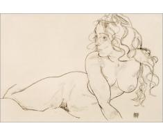 Leinwandbild 100 x 70 cm: Sich aufstützender weiblicher Akt mit langem Haar von Egon Schiele / akg-images - fertiges Wandbild, Bild auf Keilrahmen, Fertigbild auf echter Leinwand, Leinwanddruck