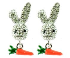 Ohrstecker, versilbert, transparentes Kristall und orange, Hasenfigur mit Karotte.