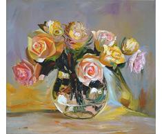 FineDecoArt Kollektion Bouquet of Roses Gemälde Leinwandbild Acrylbild gemalt 80x90cm Rosen Blumen Stilleben Vase gelb Rose abstrakt modern bunt Unikat XXL Exclusive Kunst Malerei Dekoration Hotel