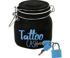 Witzige Spardose mit Schloss Tattoo Cash aus Glas in schwarz