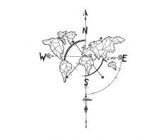 decalmile Geometrisch Weltkarte Wandtattoo Kompass Wandsticker Vinyl Schwarz Wandaufkleber für Wohnzimmer Schlafzimmer Büro