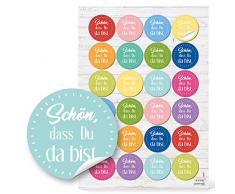 48 runde Aufkleber bunt rosa gelb blau grün SCHÖN DASS DU DA BIST 4 cm Sticker Etiketten für Hochzeit Taufe Kommunion Geburtstag Gastgeschenke give-away Deko Mitgebsel Feste Geschenke Verpackung