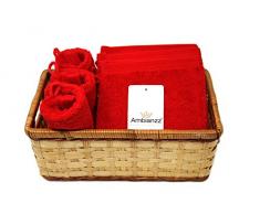 6er Set Ambianzz® Waschhandschuh, Farbe Rot, 100% Baumwolle mit Cordelaufhängung im dekorativen Bastkorb