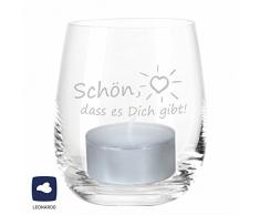4you Design Leonardo Windlicht Schön, DASS es Dich gibt, Windlicht mit Spruch, Teelichtleuchter, Glaswindlicht, Geschenkidee, (Glas)