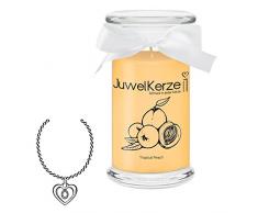 JuwelKerze Tropical Peach - Kerze im Glas mit Schmuck - Große gelbe Duftkerze mit Überraschung als Geschenk für Sie (Silber Halskette & Anhänger, Brenndauer: 90-120 Stunden)