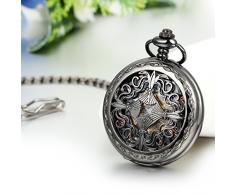 JewelryWe Retro chinesische Knoten Openwork Handaufzug Mechanische Taschenuhr Skelett Uhr Pullover Halskette Kette