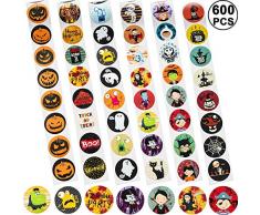 600 Stück Halloween Aufkleber Rolle 48 Stile Gefälligkeiten Runde Etiketten mit Kürbis Geist Hexe Verschiedene Muster für Party Dekorationen Süßes oder Saures Beutel, 6 Rollen
