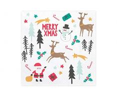 20 Servietten Merry Christmas mit Rentier, Weihnachtsmann & weihnachtlichen Motiven auf Weiß 33x33cm SP33-37