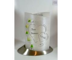 Hochzeitskerze mit Teelichteinsatz Oval 19/13 cm, Silber - 8089 - mit Namen und Datum - Perlmutt-Struktur und Calla-Blumen - Kerze zur Hochzeit - Brautkerze