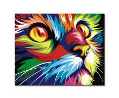 RIHE Holzrahmen, Farbe nach Zahlen DIY Ölgemälde Bunte Katze Gesicht Leinwand Druck Wand Kunst Home Dekoration