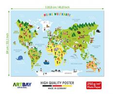 ARTBAY Kinder Weltkarte - XXL Poster - 118,8 x 84 cm | Spielerisches Kennenlernen der verschiedenen Kontinente, Kulturen und Tiere der Welt | Deutsche Beschriftung