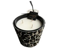 Victoria with Love Große Kerze mit elegantem dreifarbigen Fell schwarz braun weiß und DREI Dochten 13 cm hoch und Ø 14 cm.