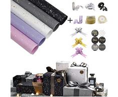 sfesnid 8 X Geschenkpapier Golddruck(42 X 60CM Pro Rolle) + 6 X Satinband Verpackung für Geschenk Geburtstag Hochzeit Taufe Valentines Weihnachten Geschenkverpackung