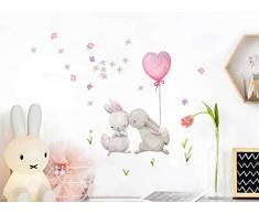 Little Deco Wandtattoo Kinderzimmer Mädchen Hasen mit rosa Herzballon & Blumen Wandaufkleber Babyzimmer Aufkleber Sticker Kinder Wandsticker Junge DL209-3