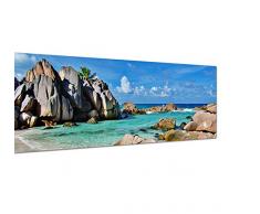 Panoramabild auf Leinwand und Keilrahmen 150x50cm Seychellen Strand Meer Felsen