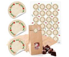 10 kleine braune Papiertüten mit Fenster Boden und Pergamin 10,5 x 6,5 x 29 cm + 24 runde Aufkleber 4 cm Advent Kranz rot grün beschreibbar Weihnachten Geschenk-Verpackung bio