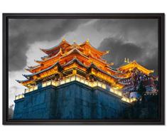 Pixxprint Leuchtender Tempel in China Leinwandbild 60x40 cm im Bilderahmen | Wandbild | Schattenfugenrahmen | Kein Poster
