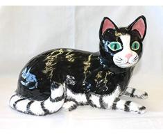 Katze sitzend groß, Keramikkatze Figur Handarbeit handbemalt Deko