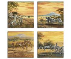 Artland Leinwandbilder auf Holz Wandbild Bild Set 4 teilig je 30x30 cm Quadratisch Tiere Malerei Ocker Geparden Elefanten Zebras Steppe Afrika K2KL