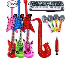 SWZY Aufblasbare Rock Star Toy Set-13 Stück aufblasbare Party Props-3 Aufblasbare Gitarre,4 Mikrofone,3 Beth,1 Saxophon,1Tastatur Klavier Und Luftpumpe Für Party Favors Ballons Zufällige Farbe