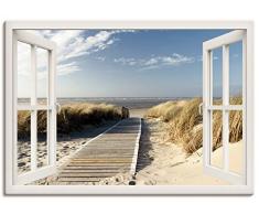Artland Leinwandbild Wandbild Bild auf Leinwand 70x50 cm Wanddeko Fensterblick Fenster Strand Meer Maritim Düne Leuchtturm Nordsee Langeoog T5RQ