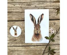 Hase Grußkarte, Ostern Karte Set aus 2 Teilen, Karte und Sticker, Postkarte A6 Papeterie Set Feldhasen Motiv